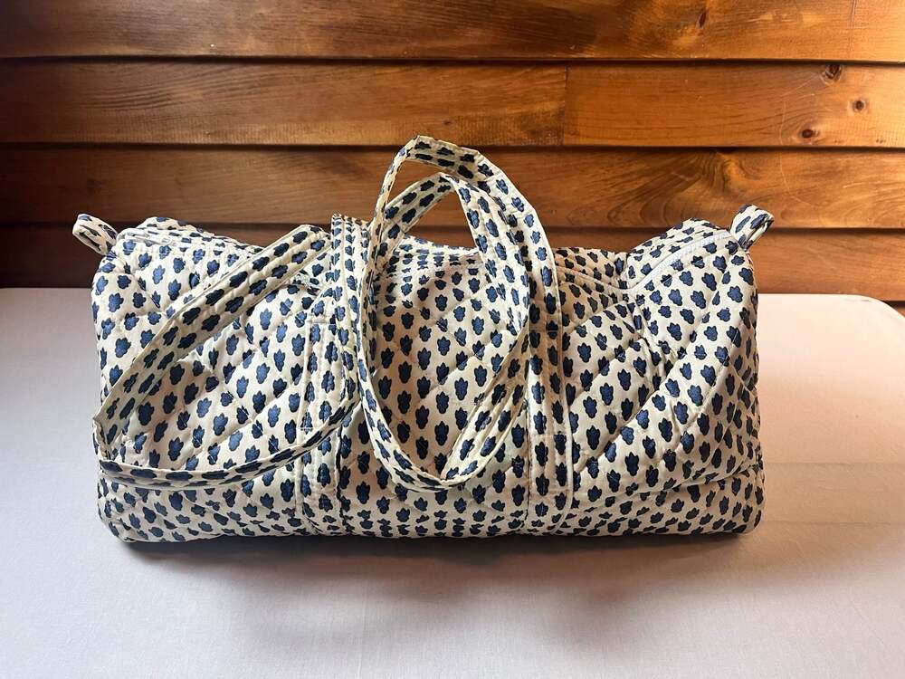 Souleiado Quilted Blue and Ivory Floral Print Duffle Weekender Travel Bag